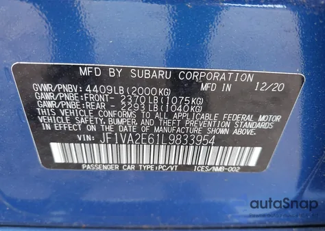 2020 Subaru Wrx Sti from USA, damaged, VIN JF1VA2E61L9833954